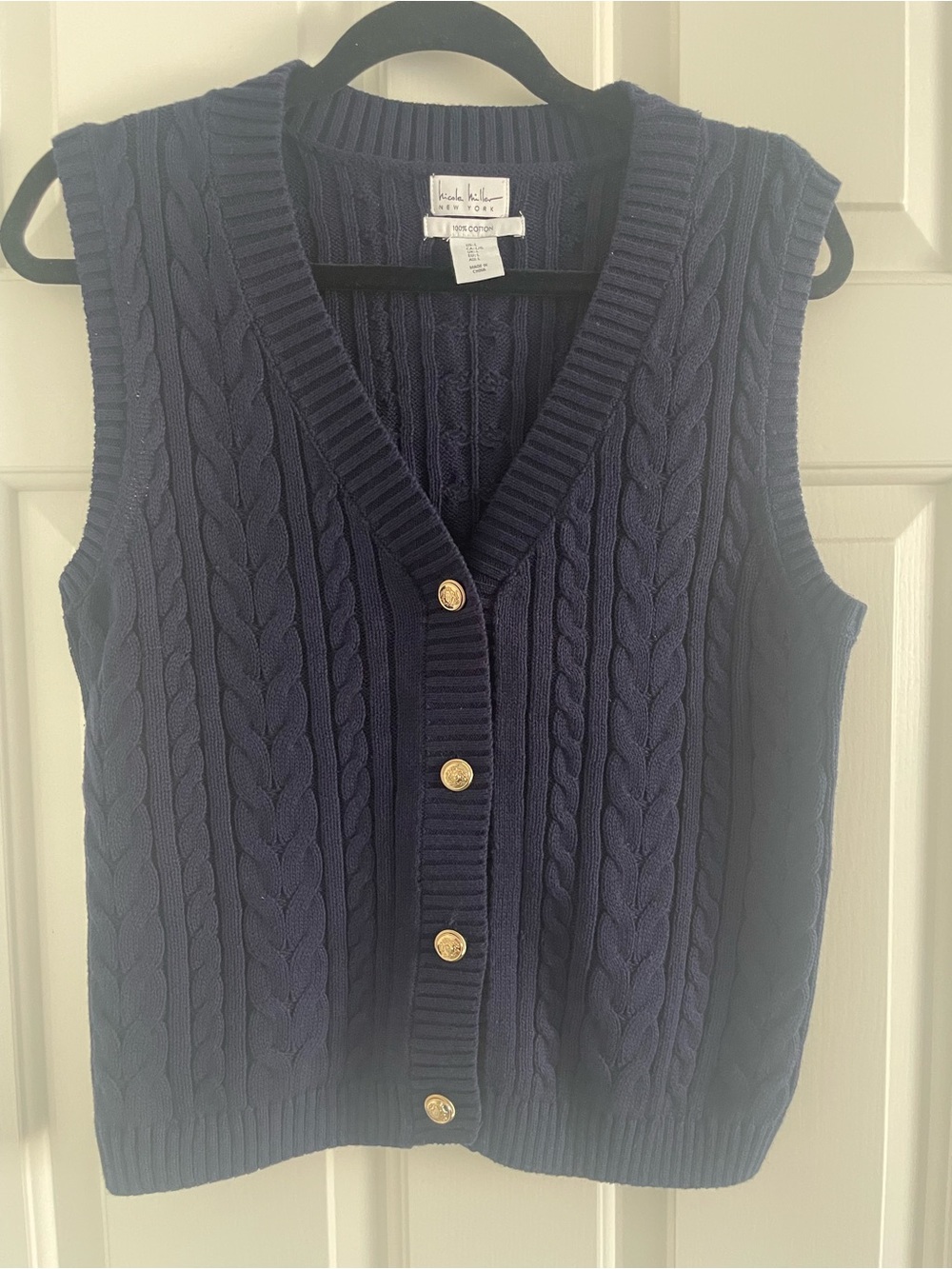 Nautica Navy Cable Knit Sleeveless Cardigan with Gold Buttons